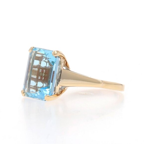 Yellow Gold Aquamarine Cocktail Solitaire Ring - 14k Emerald 7.21ct - Picture 3 of 6